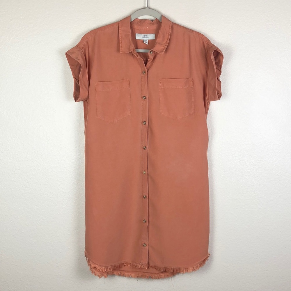 Thread & Supply Orange Frayed Hem Button Down Shirt Dress S